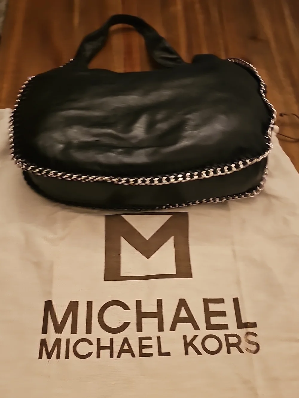 Michael Kors Black Leather Messenger Bag with Silver Chain Trim